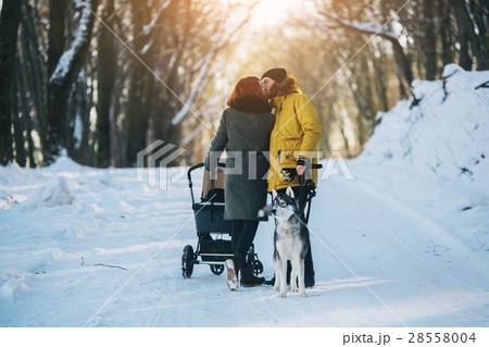 family walking with the stroller in the winter 28558004