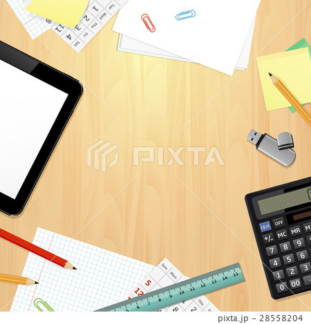 Office desk with business and office supplies  28558204