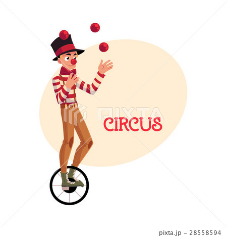 Funny clown juggling balls while riding unicycle 28558594