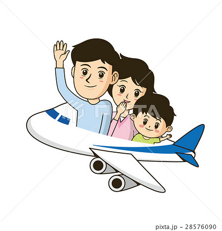 チラシやパンフレットでカットして使える飛行機に乗った家族イラストのイラスト素材