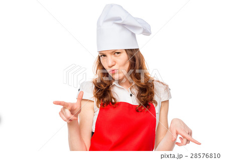 girl in a cap and a red apron chef posing 28576810