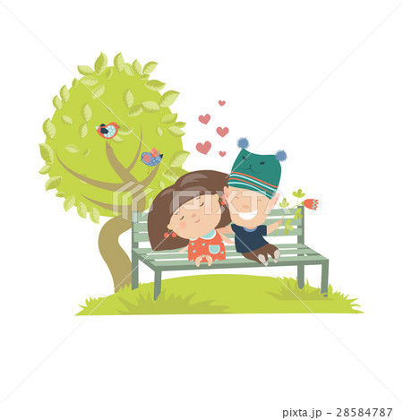 Couple teenagers sitting on the bench 28584787