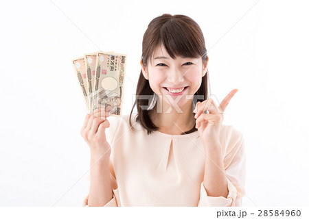 若い女性、お札、3万円 28584960