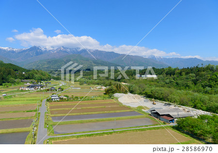 長野　中央アルプスと伊那谷の田園風景 28586970