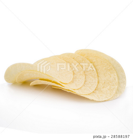 Front view of potato snacks pile isolated white Front view of potato snacks pile isolated white 28588197