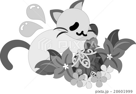 可愛い猫と紫の花のオブジェのイラスト素材