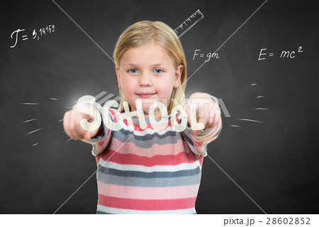 Little girl pointing on school sign with hand 28602852