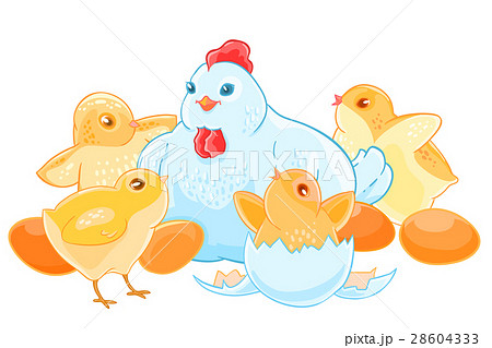 Cartoon mother hen sits on the eggs. Brood of cute 28604333