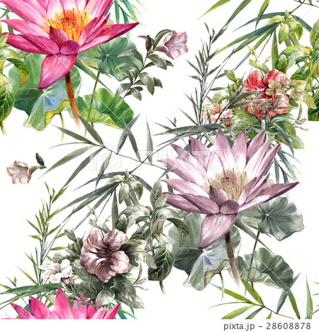 Watercolor painting of leaf and flowers pattern 28608878