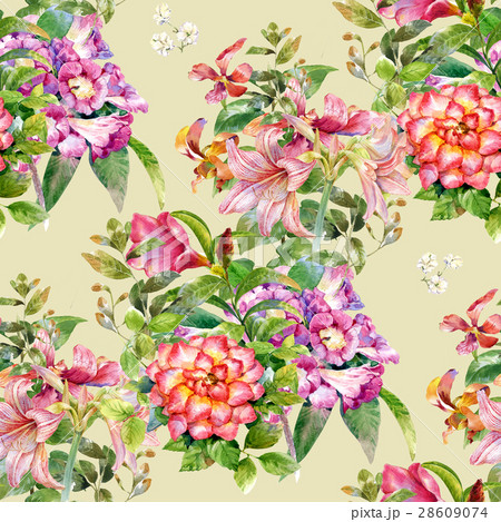 Watercolor painting of leaf and flowers pattern 28609074