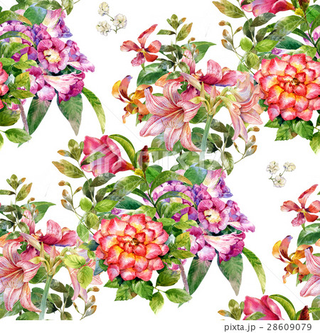 Watercolor painting of leaf and flowers pattern Watercolor painting of leaf and flowers pattern 28609079