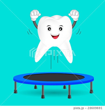 Tooth character jumping on trampoline gymnastic. 28609691