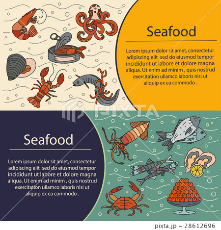 Seafood vector card with symbols of various 28612696
