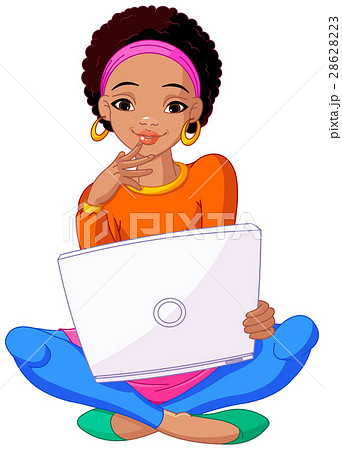 Young African Woman Sitting On Cushion with Laptop Young African Woman Sitting On Cushion with Laptop 28628223