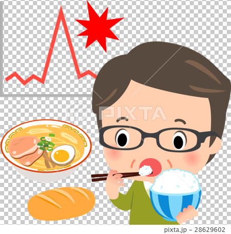 ご飯を食べる男性と血糖値急上昇のイメージ 28629602
