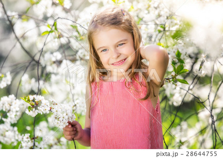 Happy little girl in cherry blossom garden 28644755