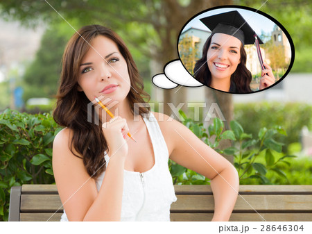 Thoughtful Young Woman with Herself as a Graduate Inside Thought 28646304