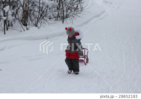 Child carries a sled in the winter forest 30031 Child carries a sled in the winter forest 30031 28652183