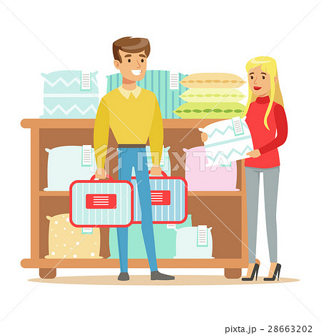 Couple Buying Bedsheets For Bedroom, Smiling Couple Buying Bedsheets For Bedroom, Smiling 28663202