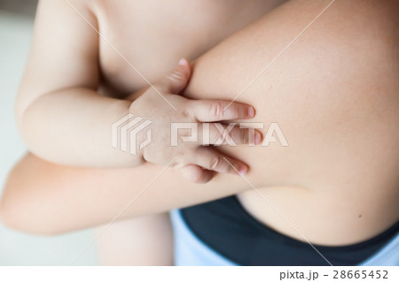 お母さんに抱っこされている赤ちゃんの手 お母さんに抱っこされている赤ちゃんの手 28665452