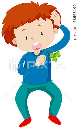 Boy Holding Green Leaf For Good Luckのイラスト素材