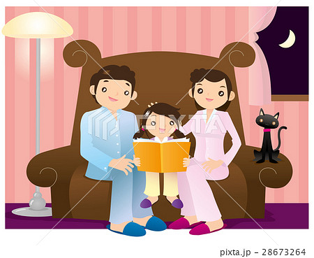 A girl reading a book accompanied by her parents 28673264