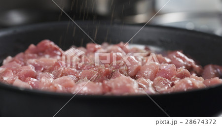 grinding pepper on pork meat frying on pan cooking 28674372