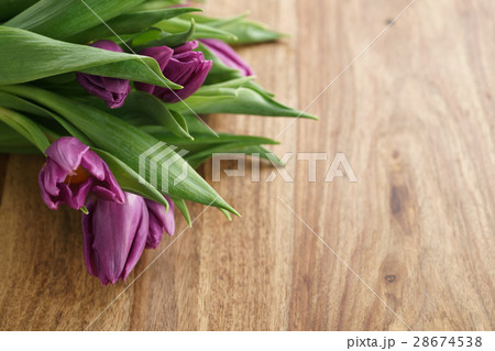 bouquet of purple tulips on wood table with copy 28674538