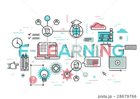 Thin line flat design banner of e-learning web 28679766