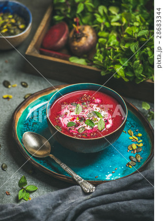Beetroot soup with mint, chia, flax and pumpkin 28683344