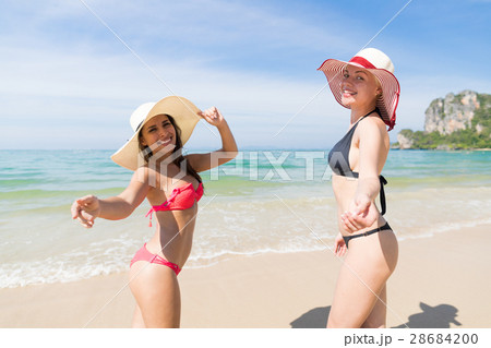 Girl Couple On Beach Summer Vacation, Young Woman Girl Couple On Beach Summer Vacation, Young Woman 28684200