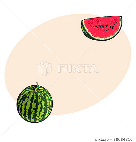 Whole watermelon and red slice with black seeds 28684816