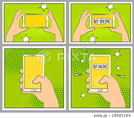 Set Comic smartphone phone with halftone shadows. Set Comic smartphone phone with halftone shadows. 28685264