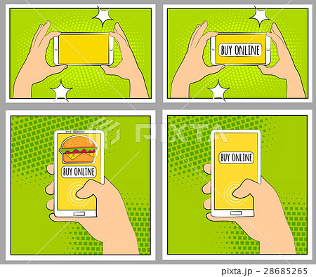 Set Comic smartphone phone with halftone shadows. Set Comic smartphone phone with halftone shadows. 28685265