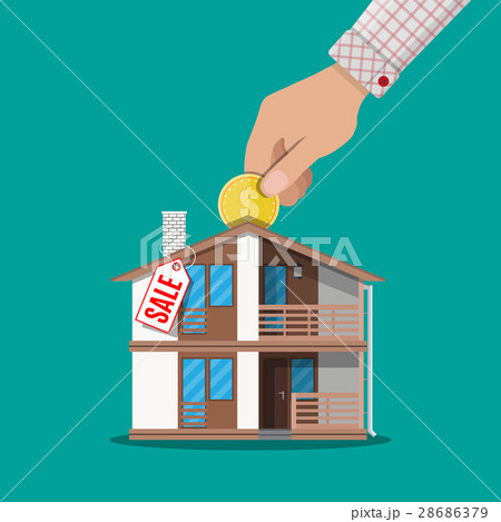 Hand put coin in piggy bank house Hand put coin in piggy bank house 28686379