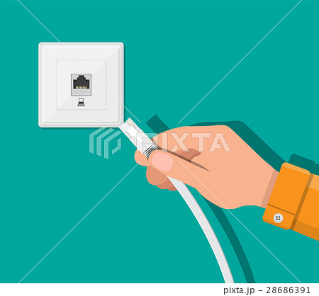 RJ45 LAN cable in hand and network socket 28686391