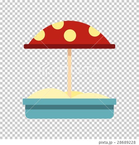 Sandbox with red dotted umbrella icon, flat style 28689228