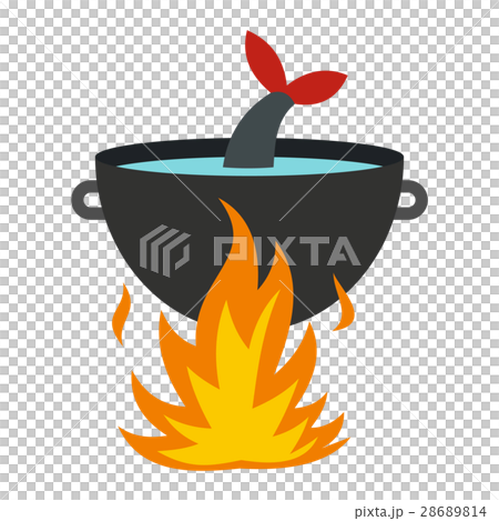 Cooking fish soup on a fire icon, flat style 28689814