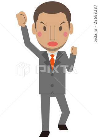 かわいいアフリカ系男性 グレーのスーツのビジネスマン 短髪 ガッツポーズ のイラスト素材