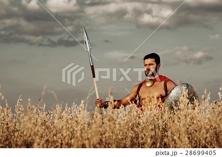 Muscular medieval warrior standing in the field Muscular medieval warrior standing in the field 28699405