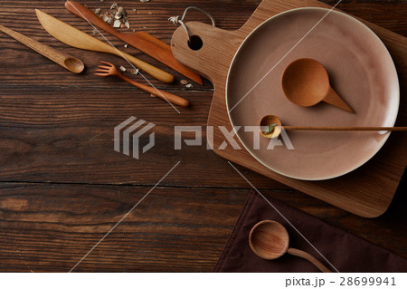 Rural vintage wood kitchen table with cooking 28699941