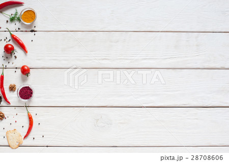 White wooden table with red seasoning frame White wooden table with red seasoning frame 28708606