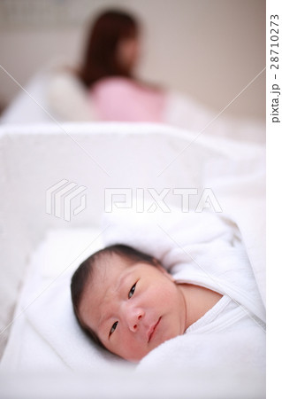 親子 赤ちゃん お母さん 新生児 プレママ 初産 誕生 命 産婦人科 乳児 病院 寝る ベッド の写真素材