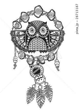 Indian Dream Catcher With Ethnic Ornaments And Owlのイラスト素材
