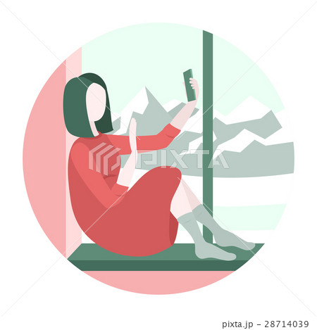 Woman sitting on a windowsill with smartphone Woman sitting on a windowsill with smartphone 28714039