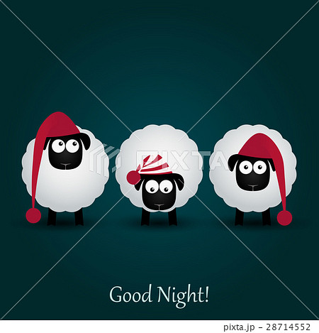 Three cute cartoon sheeps in hats. Good night. 28714552