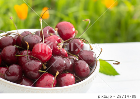 Bowl of cherry berries on grass background Bowl of cherry berries on grass background 28714789