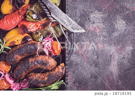 Homemade sausages top view copy space Homemade sausages top view copy space 28719195