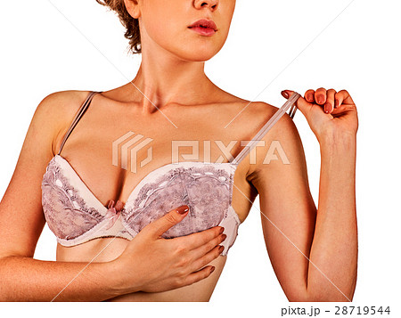 Breast self exam of women. Woman wear bra. Body part of girl with beautiful  breasts and