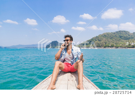 Young Man Tourist Sail Long Tail Thailand Boat 28725714
